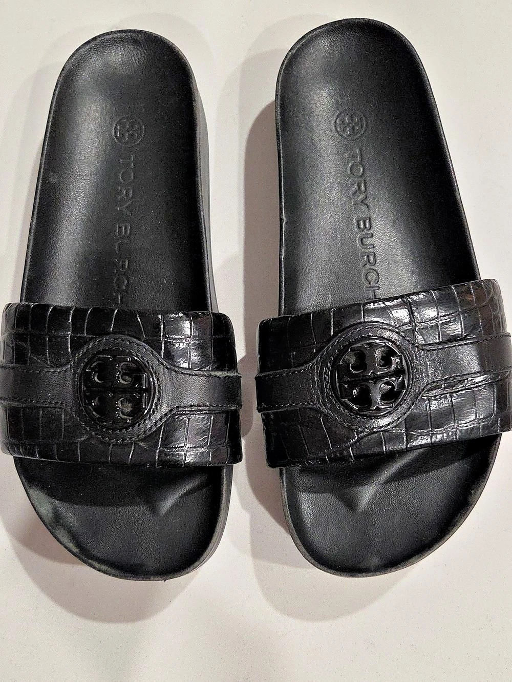 Tory Burch Carson Croc Embossed Anatomic Slide Sandal Black US 7.535